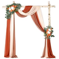 an orange and white wedding arch decorated with flowers