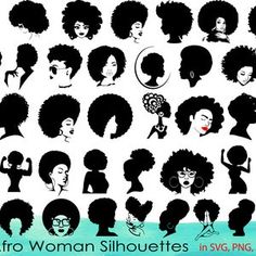 the silhouettes of women with afro hair are shown in various styles and colors, including black