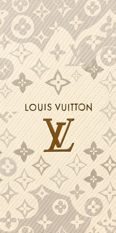 the louis vuitton logo is shown in gold and white on a beige background