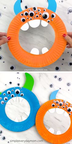 two paper plates with googly eyes on them, one is orange and the other is blue