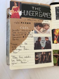 This is the left page of my the hunger games journal spread. I wrote three quotes from the characters, how much I rated the movie and the cast members. To make it look more aesthetically pleasing I also used photos of the scenes and black and brown paper for the background. The Hunger Games Journal Page, Hunger Games Scrapbook, Journal Ideas To Write, Bordem Busters, Eras Tour Scrapbook, Bff Journal, Journal List Ideas, Journal Brain Dump