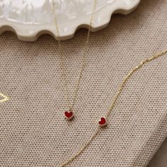 Red Heart Necklace - Gelin Diamond Red Heart Bracelet, Small Red Heart, 14k Gold Initial Necklace, Red Heart Necklace, Gold Jewelry Gift, Nature Friendly, Solid Gold Chains, Fancy Jewellery, Jewelry Lookbook