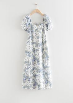 Puff Sleeve Linen Midi Dress - White/Blue - & Other Stories GB Puff Sleeve Midi Dress, Party Dresses Online, Midi Wrap Dress, Linen Midi Dress, Blue Dress Casual, Dress Crafts, Sleeve Midi Dress, Midi Dress With Sleeves, Blue Midi Dress