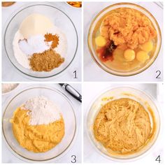 four pictures showing the steps to make pumpkin pies in glass bowls with flour, butter, and other ingredients