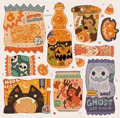 an assortment of halloween themed items on a white background