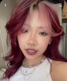 Short Pink Highlighted Hair, Maroon And White Hair, Red And Pink Dyed Hair, Pink Hair Cool Skin Tone, Pink Bangs Red Hair, Pink Streaks In Brown Hair Short, Cherry Red Peekaboo Hair, Red Hair With Pink Bangs, Red And Blonde Peekaboo Hair