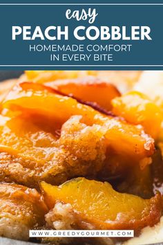 A close up image of a serving of peach cobbler. Complicated Desserts, Cobbler Crust, Homemade Peach Cobbler, Easy Peach Cobbler, Peach Dump Cake, Easy Peach Cobbler Recipe, Cobbler Topping, Peach Recipes, Peach Cobbler Easy