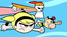 cartoon character flying through the air with two other characters in front of him and on top of each other