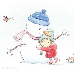 a watercolor drawing of a child hugging a snowman with a bird in the background