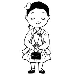 a black and white drawing of a girl with her eyes closed, holding a purse