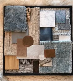 a close up of a rug with many different items on it