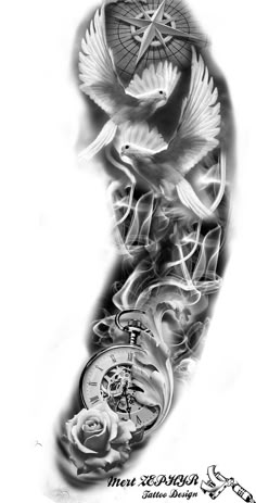 a black and white photo of a clock with roses on it's arm, in the shape of a bird