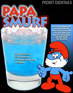 an image of a cartoon character next to a glass of water with ice in it