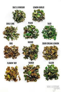 different types of dried herbs on a white background with the names in english and spanish