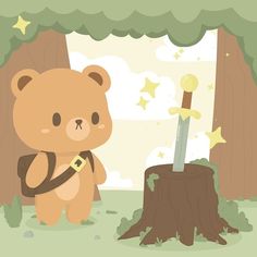 a brown bear standing next to a tree stump with a knife in it's mouth