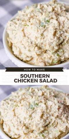 two bowls filled with chicken salad on top of a checkered table cloth