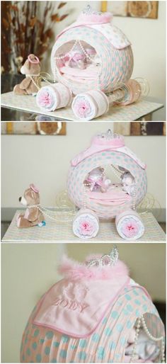 three different pictures of a baby carriage with teddy bears in the front, and on the back