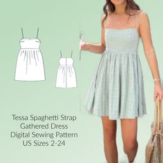 a woman wearing a dress and holding a purse in her hand, with the text teasa spaghetti strap gathered dress digital sewing pattern us sizes 2 - 24