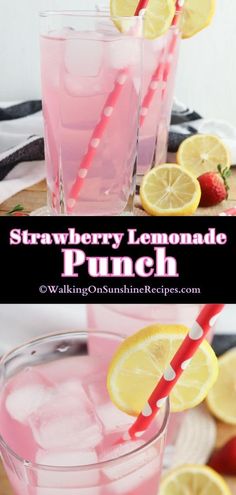 strawberry lemonade punch in glasses with strawberries on the side and text overlay reading strawberry lemonade punch