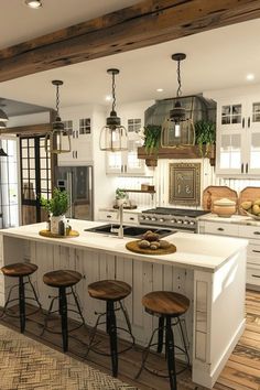 a kitchen with an island and stools in the center, surrounded by white cabinets