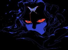 the face of a woman with red eyes and a butterfly on her forehead, surrounded by dark blue swirls