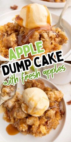 apple dump cake with fresh apples and ice cream on top, served in white bowls