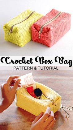 Easy Zipper Box Bag Tutorial | Crochet | Box Bag Pattern, Diy Trousse, Crochet Zig Zag, Makeup Bag Pattern, Box Bag Tutorial, Pouch Ideas, Crochet Travel, Tote Crochet