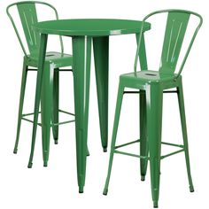 three green metal bar stools and a round table