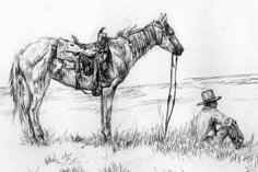 a drawing of a man kneeling down next to a horse in the grass with a hat on