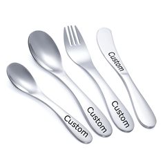 three spoons and two forks with the names custom on them