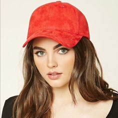 Never Worn Trendy Red, Faux Suede, Baseball Cap Featuring An Adjustable, Velcro Back. Perfect For Everyday Wear, Or Just To Spruce Up Any Outfit During The Summer, Winter And Fall! One Size Fits Most; Circumference: 24", Brim: 3". Trendy Red Baseball Cap, Summer Winter, Faux Suede, Baseball Cap, Baseball Hats, Forever 21, Everyday Wear, Women Accessories, Baseball