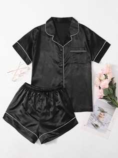 Contrast Binding Tie Front Satin PJ Set | EMERY ROSE Plus Size Pyjamas, Satin Pj Set, Pyjama Satin, Cute Sleepwear, Satin Set, Satin Short, Satin Pyjama Set, Satin Pajamas, Pajama Set Women