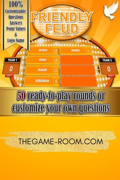 the game room with an orange background and gold lettering that reads, friendly fud 50 ready - to play rounds or customize your own questions