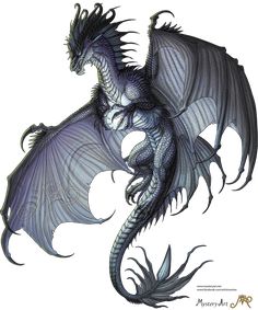 a drawing of a blue dragon with its wings spread out