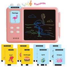 a pink and blue electronic drawing tablet with four different colored cards in front of it