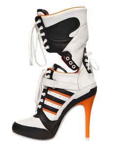 Adidas By Jeremy Scott 130mm JS High Heel Leather Boots as seen on Dr. Harleen F. Quinzel / Harley Quinn in Suicide Squad | TheTake.com High Heel Leather Boots, Fantasy Make-up, Real Leather Boots, Leather High Heel Boots, Leather Boots Heels, Genuine Leather Boots, Jeremy Scott, Genuine Leather Shoes, Sports Wear