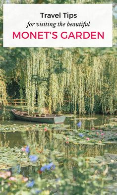 a boat floating on top of a lake surrounded by water lillies and willow trees