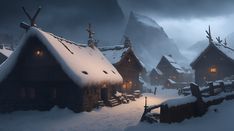 a snowy village in the mountains with snow on the ground and houses lit up at night