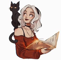 a drawing of a woman holding a book with a cat on her shoulder behind her