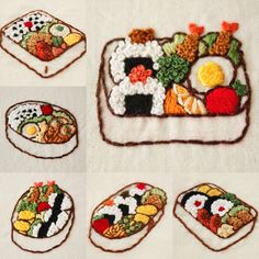 sushi appliques are arranged on white fabric