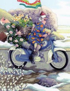 a painting of a man riding on the back of a motorcycle with flowers in his basket