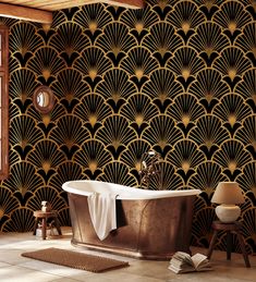 a bathtub sitting in front of a window next to a wall with an art deco pattern