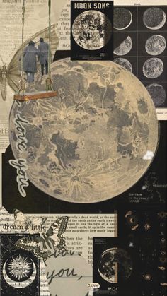 an altered photograph of the moon with people standing on it and some words written in different languages