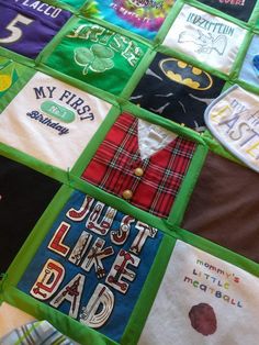 the quilt is made to look like it has many different designs on it, including letters and numbers