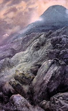 a painting of rocks and water with mountains in the backgrouds behind them