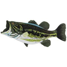 a small plastic fish with black and green stripes on it's body, sitting in front of a white background