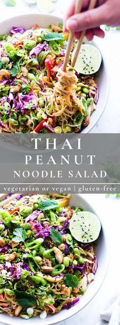 thai noodle salad in a white bowl with chopsticks on top and the title overlay reads thai noodle salad