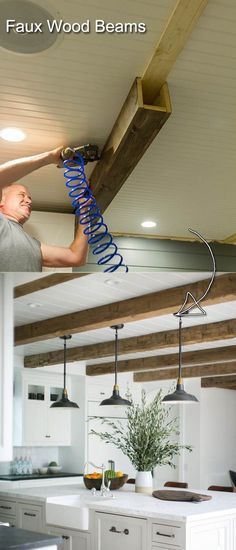 a man is working on an unfinished ceiling in his kitchen with blue springs attached to the beams