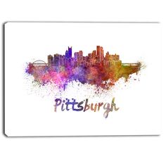 the pittsburgh skyline in watercolor on a white background with words that read, pittsburgh