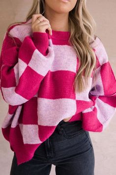 Outfits With Pink Sweater, Checker Sweater, Outfits With Pink, Christmas Outfit Ideas For Women, Birthday Outfit Ideas, Christmas Outfit Ideas, Teacher Birthday, Outfit Ideas For Women, Stylish Sweaters